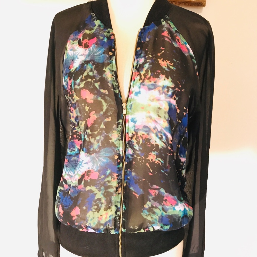 Bright Floral Print and Black Sheer Light Jacket